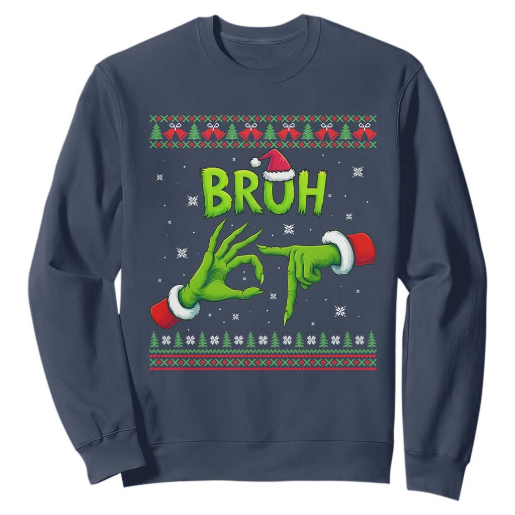 Christmas Bruh 67 Green Hands Meme Sweatshirt Funny Six Seven Meme Holiday Ugly Sweater TS02 Navy Print Your Wear