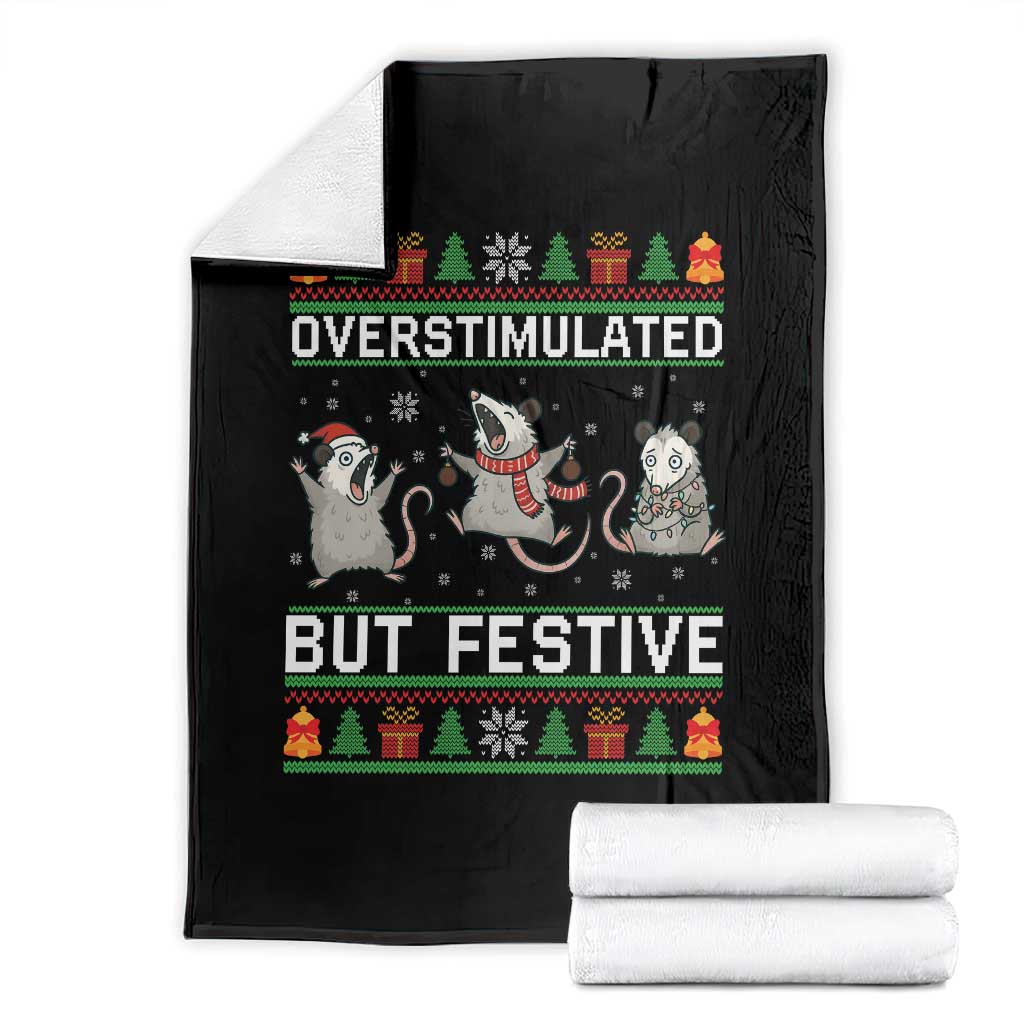 Overstimulated But Festive Opossum Christmas Throw Blanket Funny Holiday Anxiety Gag Gift for Introverts TS02 Black Print Your Wear