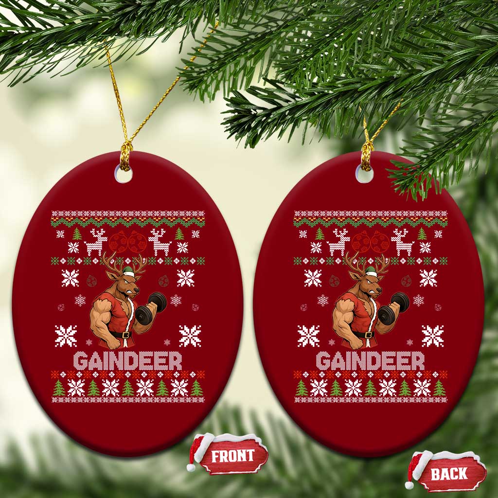 Funny Christmas Workout Gaindeer Ceramic Ornament Muscular Reindeer Holiday Gym Humor Wordplay TS02 Print Your Wear