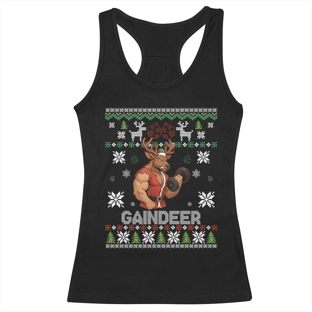 Funny Christmas Workout Gaindeer Racerback Tank Top Muscular Reindeer Holiday Gym Humor Wordplay TS02 Black Print Your Wear