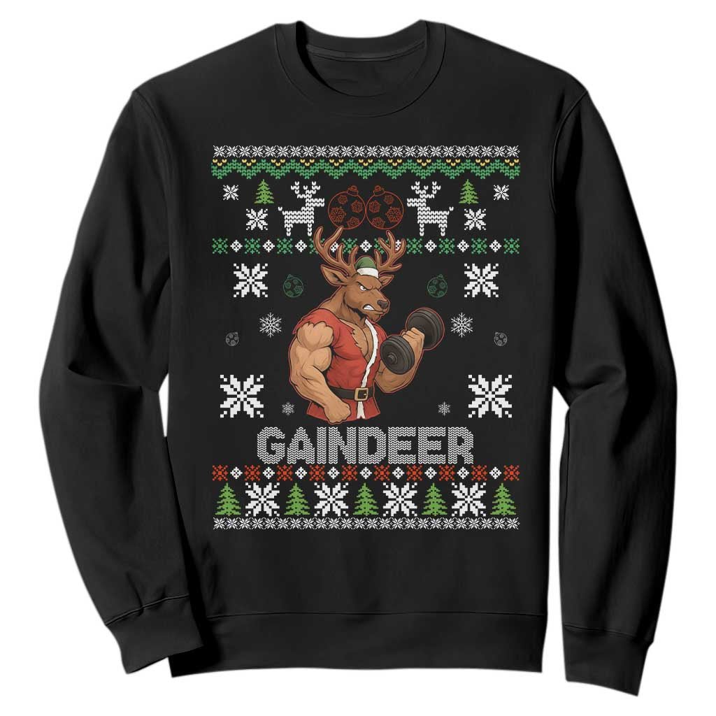 Funny Christmas Workout Gaindeer Sweatshirt Muscular Reindeer Holiday Gym Humor Wordplay TS02 Black Print Your Wear