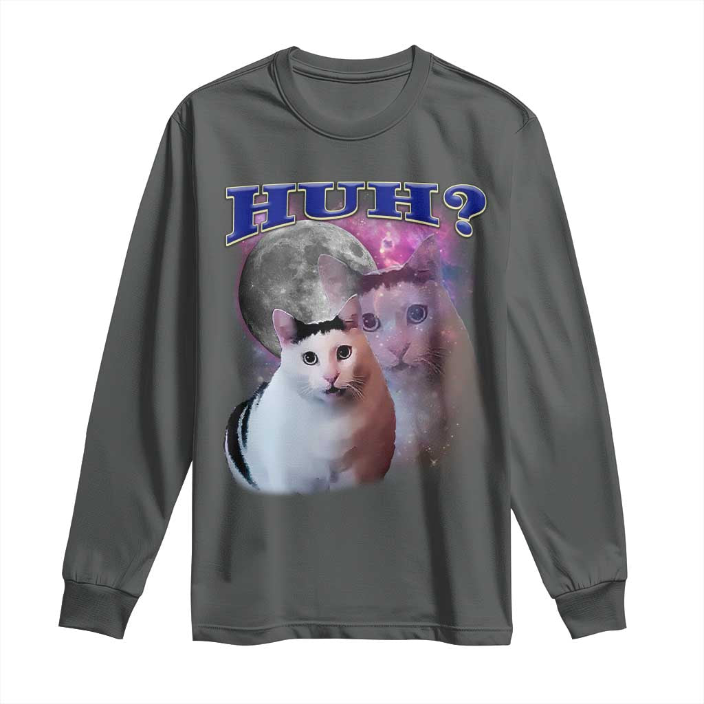 Funny Cat Emotion Meme Long Sleeve Shirt Huh Silly Sarcasm TS02 Dark Heather Print Your Wear