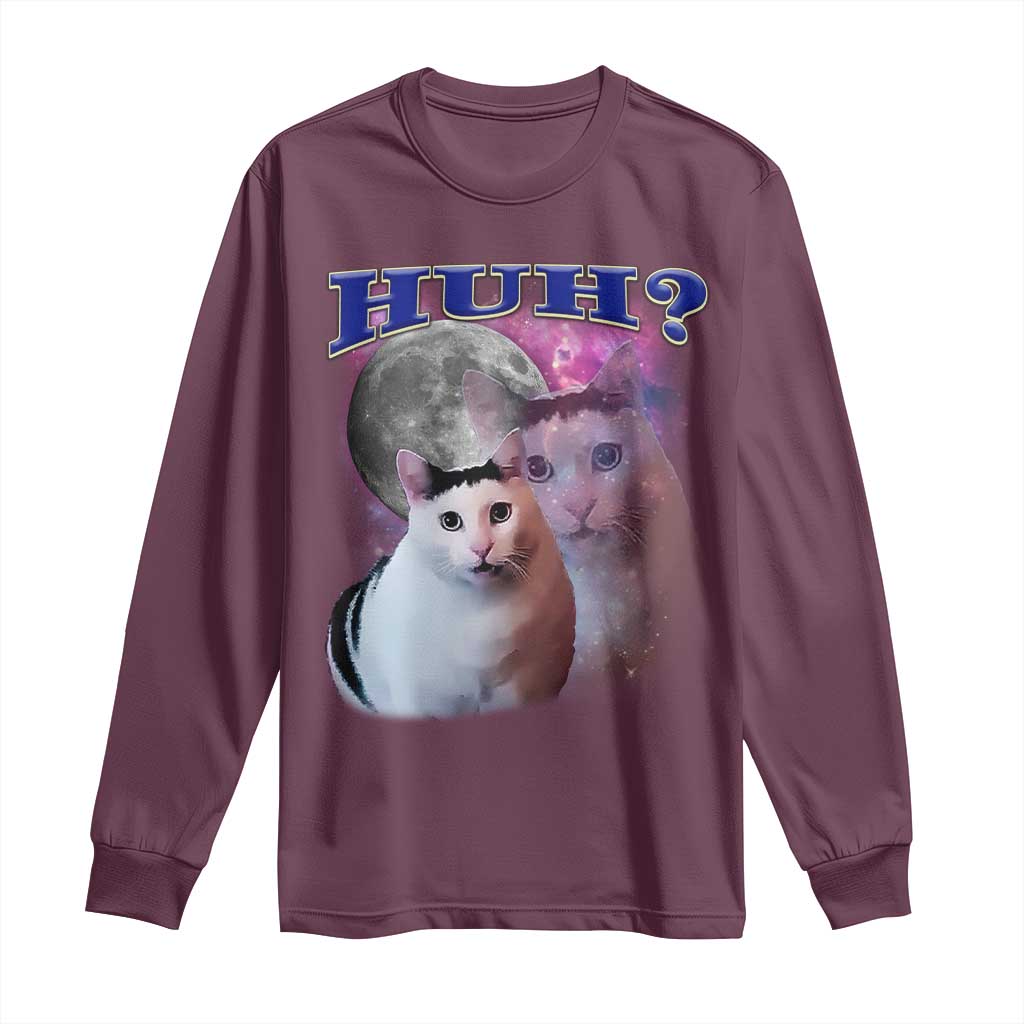 Funny Cat Emotion Meme Long Sleeve Shirt Huh Silly Sarcasm TS02 Maroon Print Your Wear