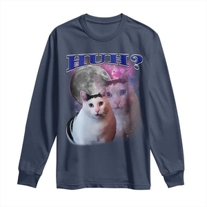 Funny Cat Emotion Meme Long Sleeve Shirt Huh Silly Sarcasm TS02 Navy Print Your Wear