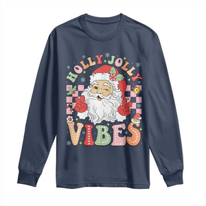 Retro Santa Christmas Long Sleeve Shirt Groovy Cute Santa Claus Christmas Vibes Xmas TS02 Navy Print Your Wear