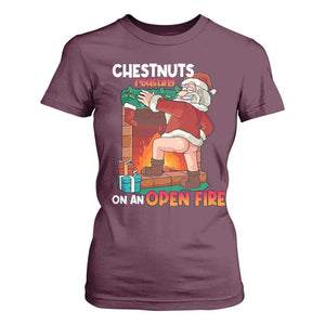 Funny Naughty Santa T Shirt For Women Chestnuts Roasting On An Open Fire Dirty Food Pun Xmas Joke TS02 Maroon Print Your Wear