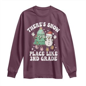 Christmas Teacher Long Sleeve Shirt Theres Snow Place Like 2nd Grade Merry Xmas Retro Groovy TS02 Maroon Print Your Wear