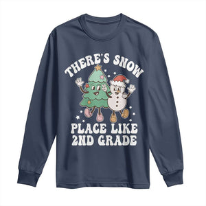 Christmas Teacher Long Sleeve Shirt Theres Snow Place Like 2nd Grade Merry Xmas Retro Groovy TS02 Navy Print Your Wear