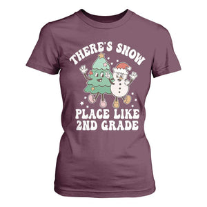 Christmas Teacher T Shirt For Women Theres Snow Place Like 2nd Grade Merry Xmas Retro Groovy TS02 Maroon Print Your Wear