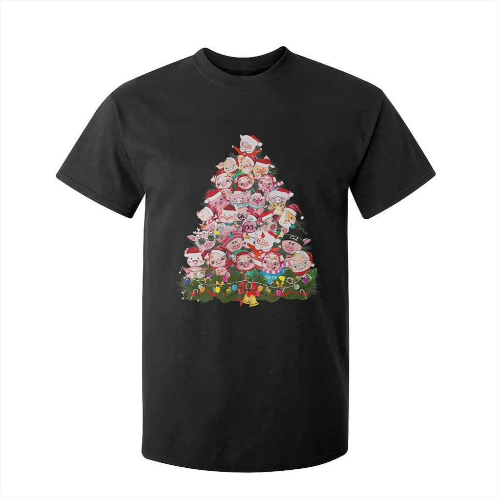 Cute Pink Pigs Christmas Tree T Shirt For Kid Funny Farmer Xmas Lights Festive Vibe TS02 Black Print Your Wear