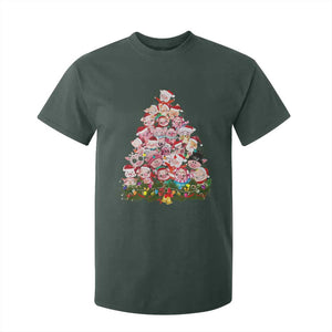 Cute Pink Pigs Christmas Tree T Shirt For Kid Funny Farmer Xmas Lights Festive Vibe TS02 Dark Forest Green Print Your Wear