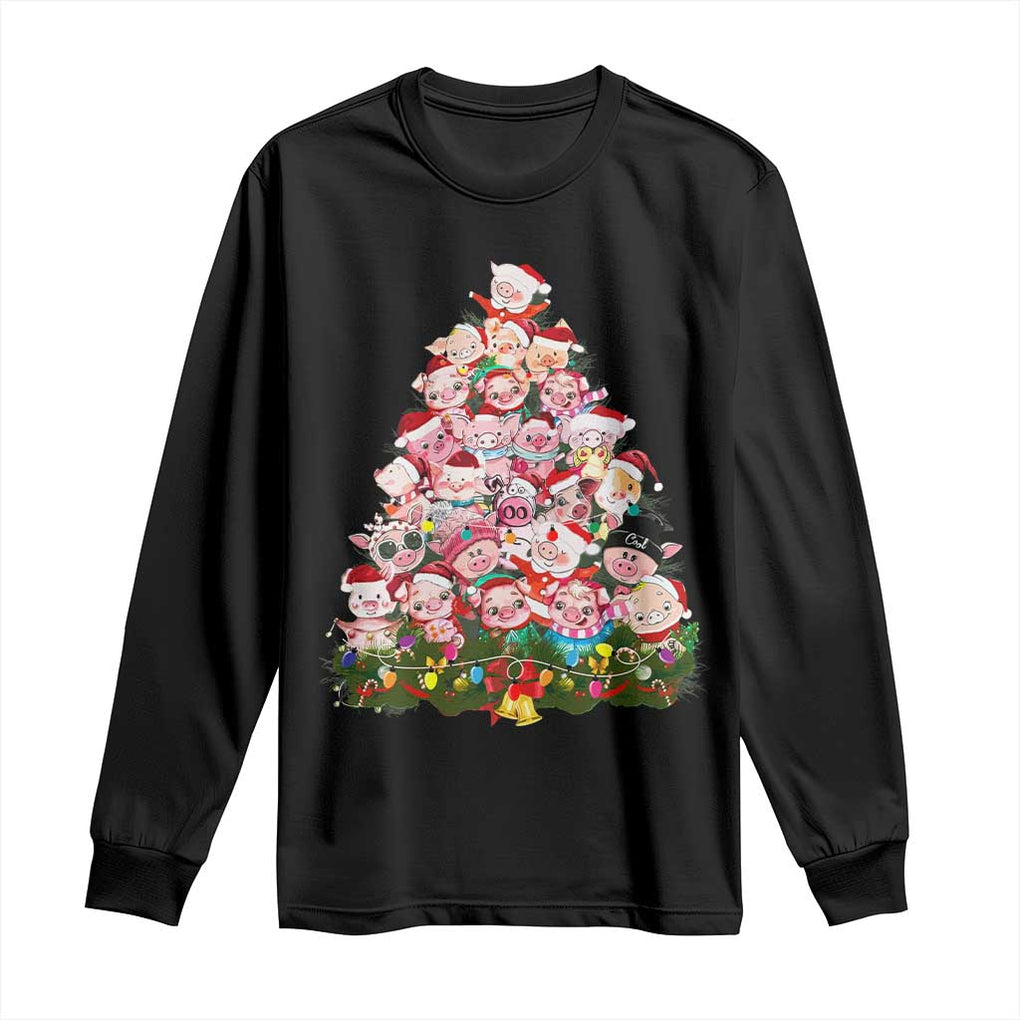 Cute Pink Pigs Christmas Tree Long Sleeve Shirt Funny Farmer Xmas Lights Festive Vibe TS02 Black Print Your Wear