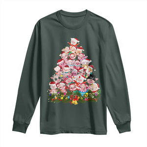 Cute Pink Pigs Christmas Tree Long Sleeve Shirt Funny Farmer Xmas Lights Festive Vibe TS02 Dark Forest Green Print Your Wear