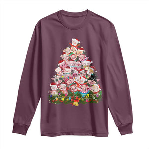 Cute Pink Pigs Christmas Tree Long Sleeve Shirt Funny Farmer Xmas Lights Festive Vibe TS02 Maroon Print Your Wear