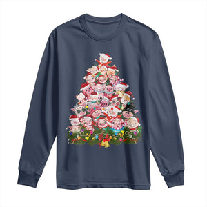 Cute Pink Pigs Christmas Tree Long Sleeve Shirt Funny Farmer Xmas Lights Festive Vibe TS02 Navy Print Your Wear