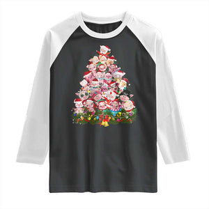 Cute Pink Pigs Christmas Tree Raglan Shirt Funny Farmer Xmas Lights Festive Vibe TS02 Black White Print Your Wear