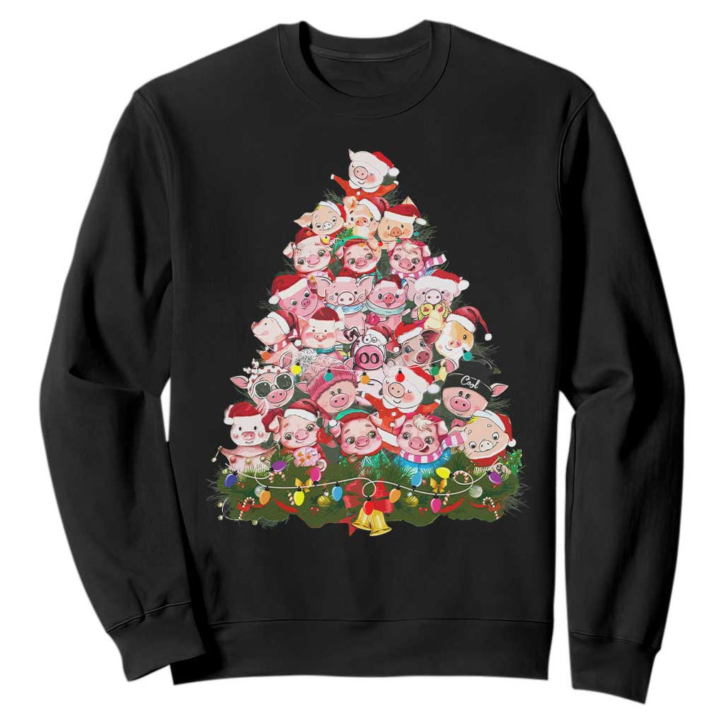 Cute Pink Pigs Christmas Tree Sweatshirt Funny Farmer Xmas Lights Festive Vibe TS02 Black Print Your Wear