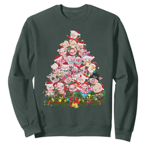 Cute Pink Pigs Christmas Tree Sweatshirt Funny Farmer Xmas Lights Festive Vibe TS02 Dark Forest Green Print Your Wear