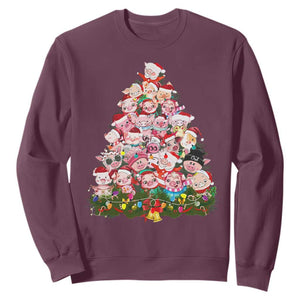 Cute Pink Pigs Christmas Tree Sweatshirt Funny Farmer Xmas Lights Festive Vibe TS02 Maroon Print Your Wear