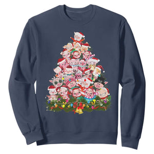 Cute Pink Pigs Christmas Tree Sweatshirt Funny Farmer Xmas Lights Festive Vibe TS02 Navy Print Your Wear