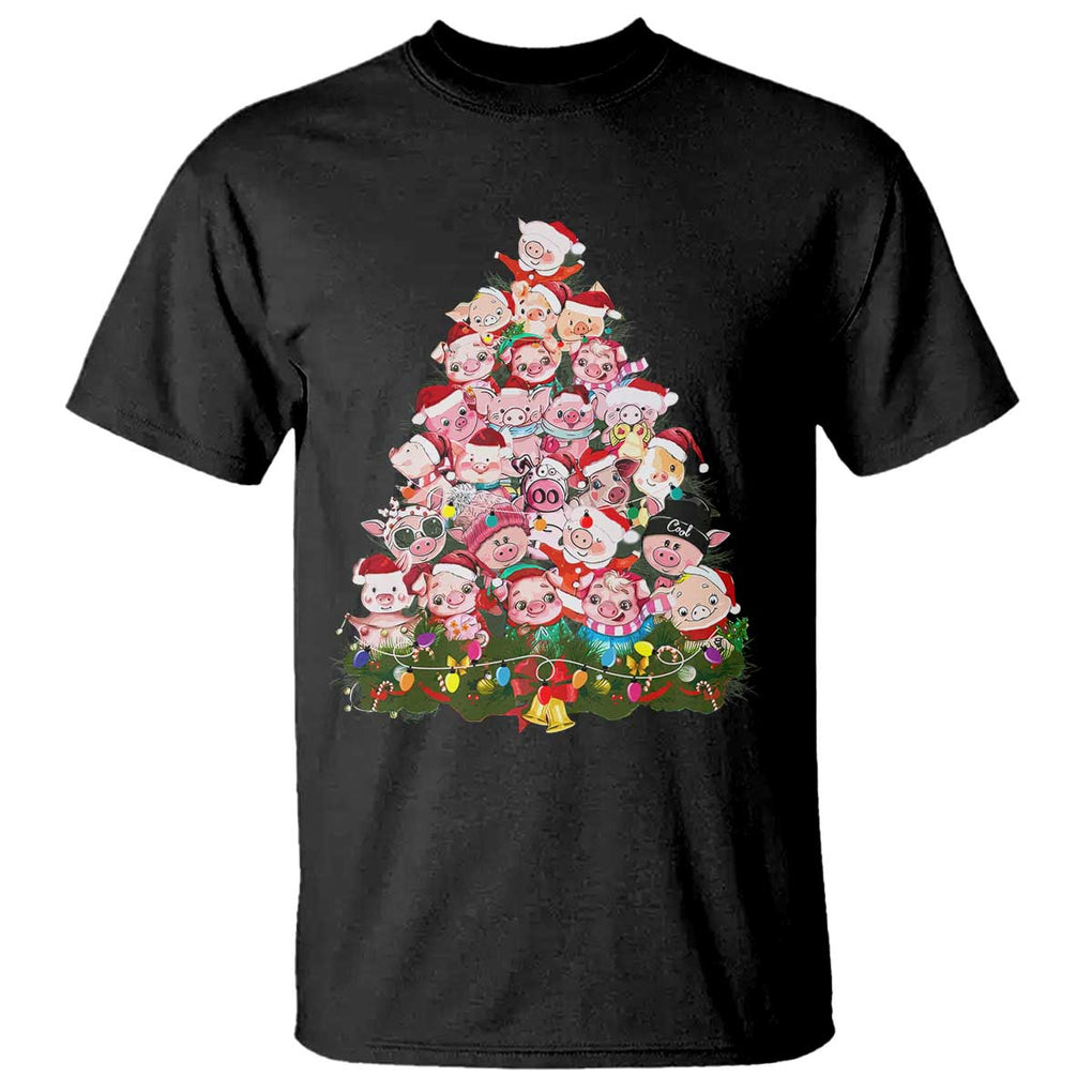 Cute Pink Pigs Christmas Tree T Shirt Funny Farmer Xmas Lights Festive Vibe TS02 Black Print Your Wear