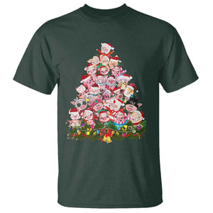 Cute Pink Pigs Christmas Tree T Shirt Funny Farmer Xmas Lights Festive Vibe TS02 Dark Forest Green Print Your Wear