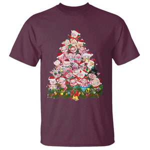 Cute Pink Pigs Christmas Tree T Shirt Funny Farmer Xmas Lights Festive Vibe TS02 Maroon Print Your Wear