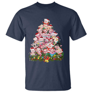 Cute Pink Pigs Christmas Tree T Shirt Funny Farmer Xmas Lights Festive Vibe TS02 Navy Print Your Wear