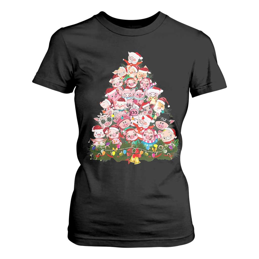 Cute Pink Pigs Christmas Tree T Shirt For Women Funny Farmer Xmas Lights Festive Vibe TS02 Black Print Your Wear