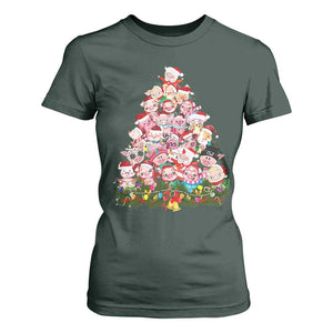 Cute Pink Pigs Christmas Tree T Shirt For Women Funny Farmer Xmas Lights Festive Vibe TS02 Dark Forest Green Print Your Wear