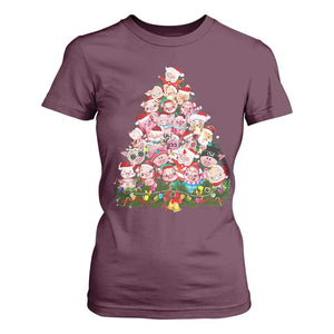 Cute Pink Pigs Christmas Tree T Shirt For Women Funny Farmer Xmas Lights Festive Vibe TS02 Maroon Print Your Wear