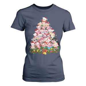 Cute Pink Pigs Christmas Tree T Shirt For Women Funny Farmer Xmas Lights Festive Vibe TS02 Navy Print Your Wear