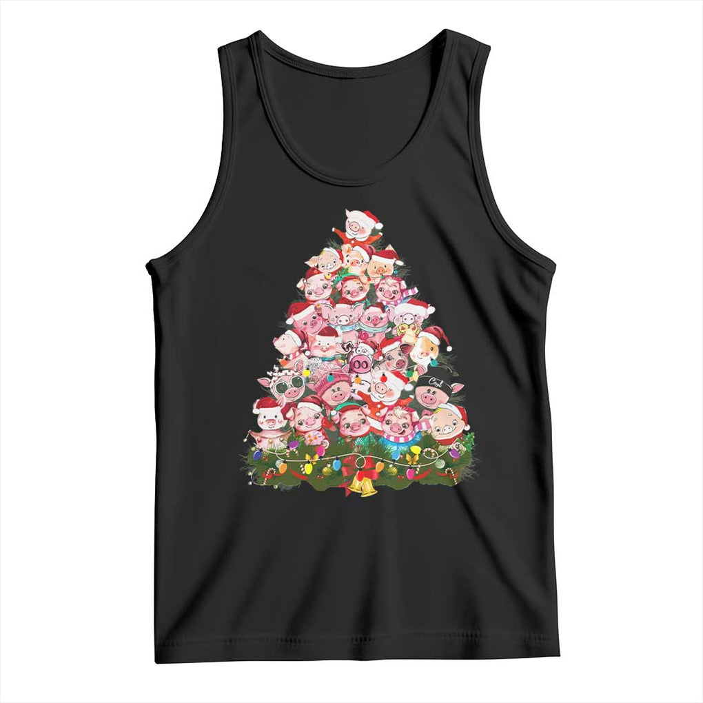 Cute Pink Pigs Christmas Tree Tank Top Funny Farmer Xmas Lights Festive Vibe TS02 Black Print Your Wear