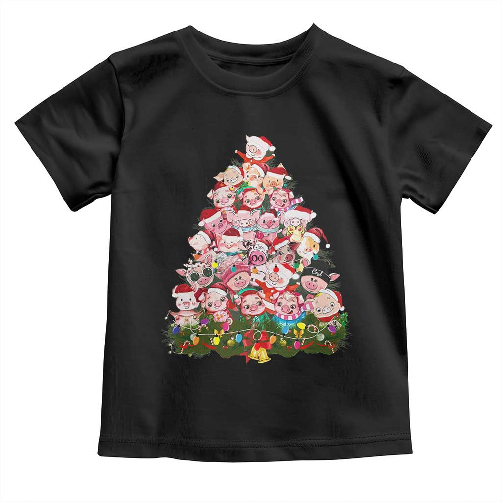 Cute Pink Pigs Christmas Tree Toddler T Shirt Funny Farmer Xmas Lights Festive Vibe TS02 Black Print Your Wear