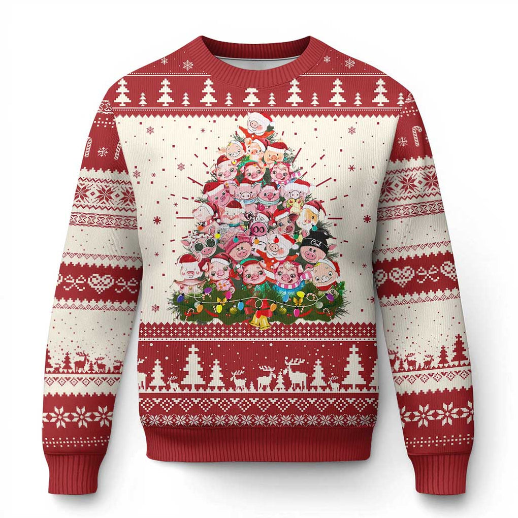 Cute Pink Pigs Xmas Tree Ugly Christmas Sweater Funny Farmer Xmas Lights Festive Vibe TS02 Red Print Your Wear