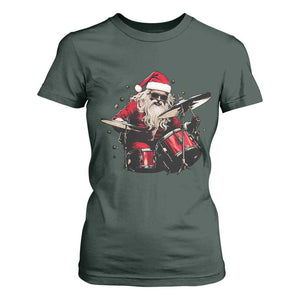 Funny Rock'n Roll Santa Claus T Shirt For Women Cool Drummer Festive Christmas TS02 Dark Forest Green Print Your Wear