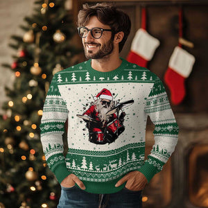 Funny Rock'n Roll Santa Claus Ugly Christmas Sweater Cool Drummer Festive Christmas TS02 Green Print Your Wear