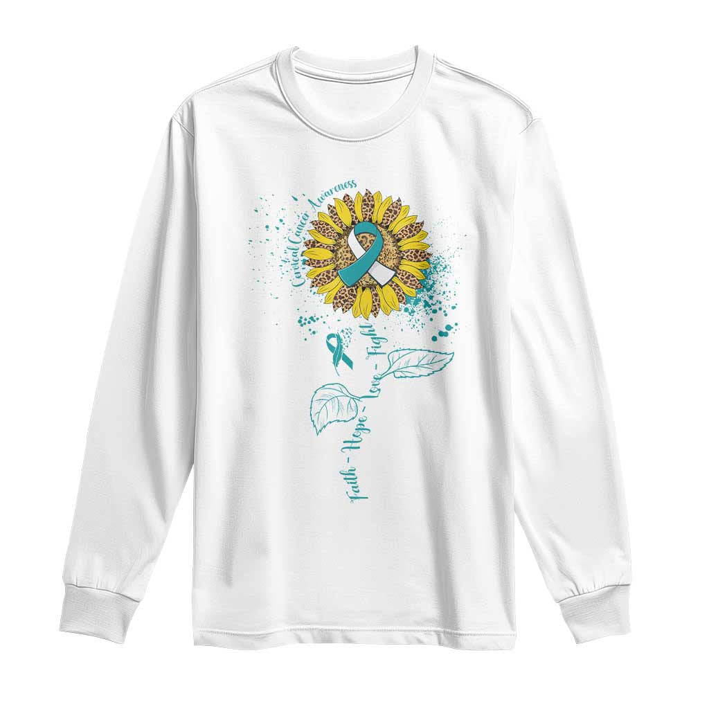 Cervical Cancer Awareness Long Sleeve Shirt Faith Hope Love Fight Teal And White Ribbon Sunflower TS02 White Print Your Wear