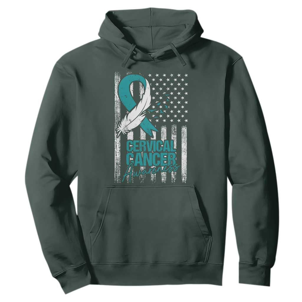 Cervical Cancer Awareness Hoodie Teal And White Ribbon American Flag Support TS02 Dark Forest Green Print Your Wear