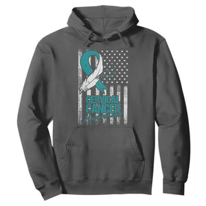 Cervical Cancer Awareness Hoodie Teal And White Ribbon American Flag Support TS02 Dark Heather Print Your Wear