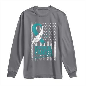 Cervical Cancer Awareness Long Sleeve Shirt Teal And White Ribbon American Flag Support TS02 Charcoal Print Your Wear