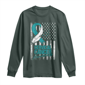 Cervical Cancer Awareness Long Sleeve Shirt Teal And White Ribbon American Flag Support TS02 Dark Forest Green Print Your Wear