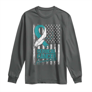 Cervical Cancer Awareness Long Sleeve Shirt Teal And White Ribbon American Flag Support TS02 Dark Heather Print Your Wear