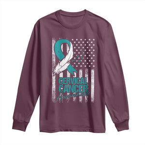 Cervical Cancer Awareness Long Sleeve Shirt Teal And White Ribbon American Flag Support TS02 Maroon Print Your Wear