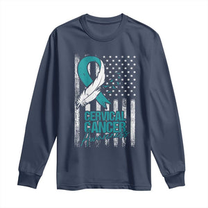 Cervical Cancer Awareness Long Sleeve Shirt Teal And White Ribbon American Flag Support TS02 Navy Print Your Wear