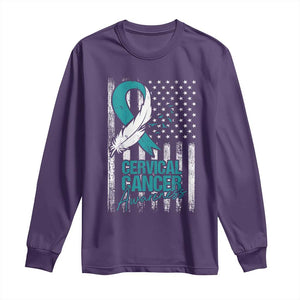 Cervical Cancer Awareness Long Sleeve Shirt Teal And White Ribbon American Flag Support TS02 Purple Print Your Wear