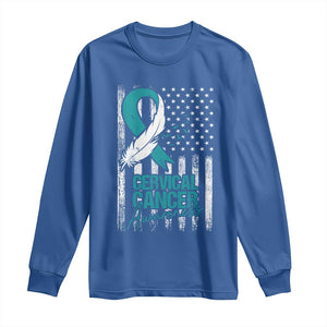 Cervical Cancer Awareness Long Sleeve Shirt Teal And White Ribbon American Flag Support TS02 Royal Blue Print Your Wear