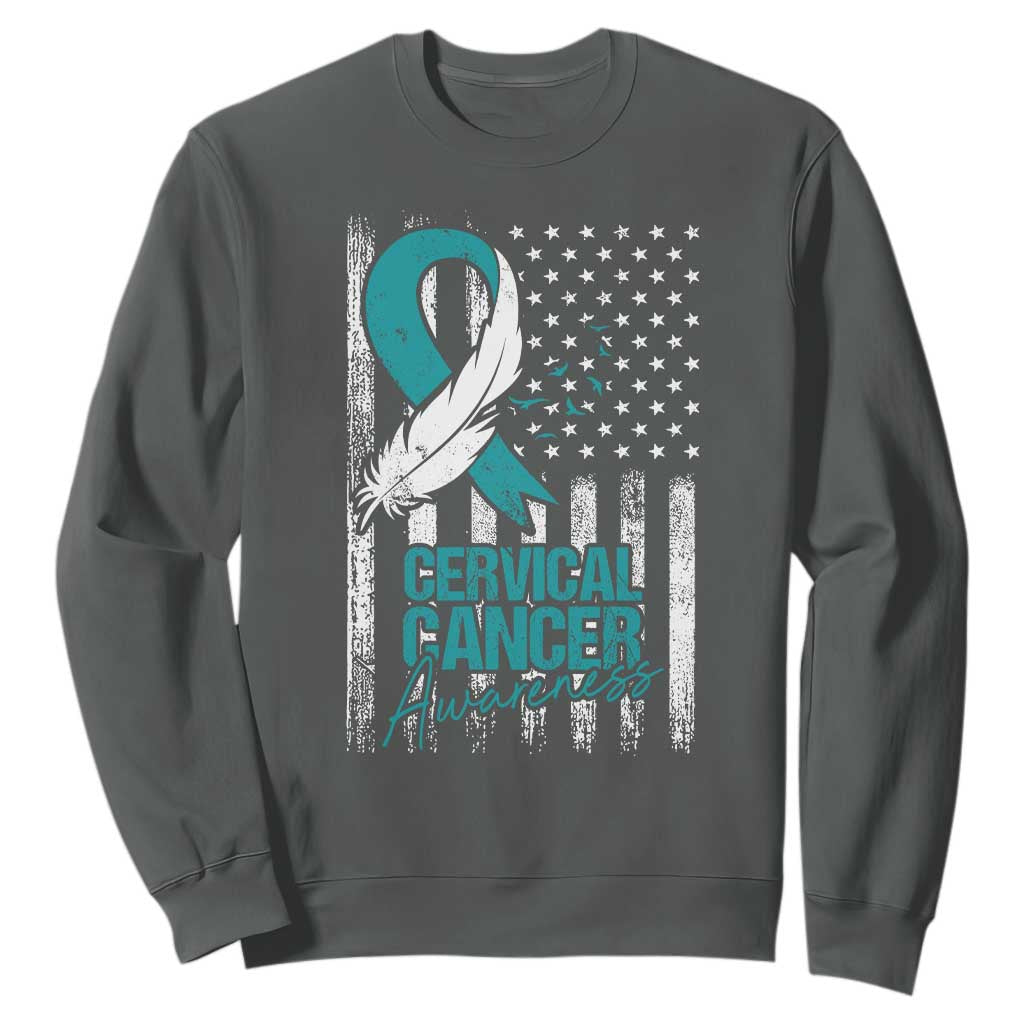 Cervical Cancer Awareness Sweatshirt Teal And White Ribbon American Flag Support TS02 Dark Heather Print Your Wear