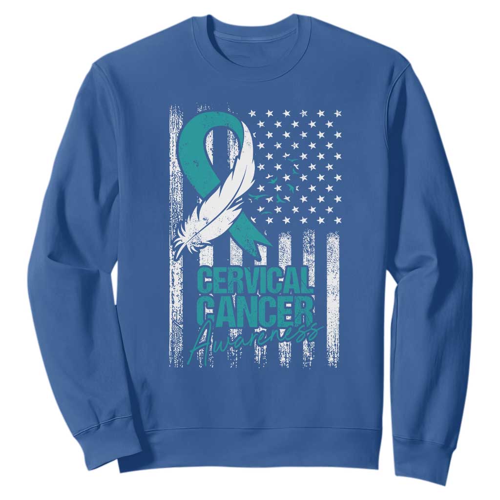 Cervical Cancer Awareness Sweatshirt Teal And White Ribbon American Flag Support TS02 Royal Blue Print Your Wear