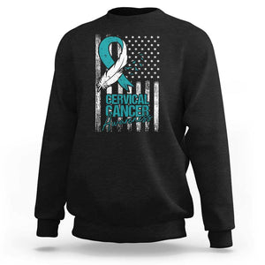 Cervical Cancer Awareness Sweatshirt Teal And White Ribbon American Flag Support TS02 Black Print Your Wear